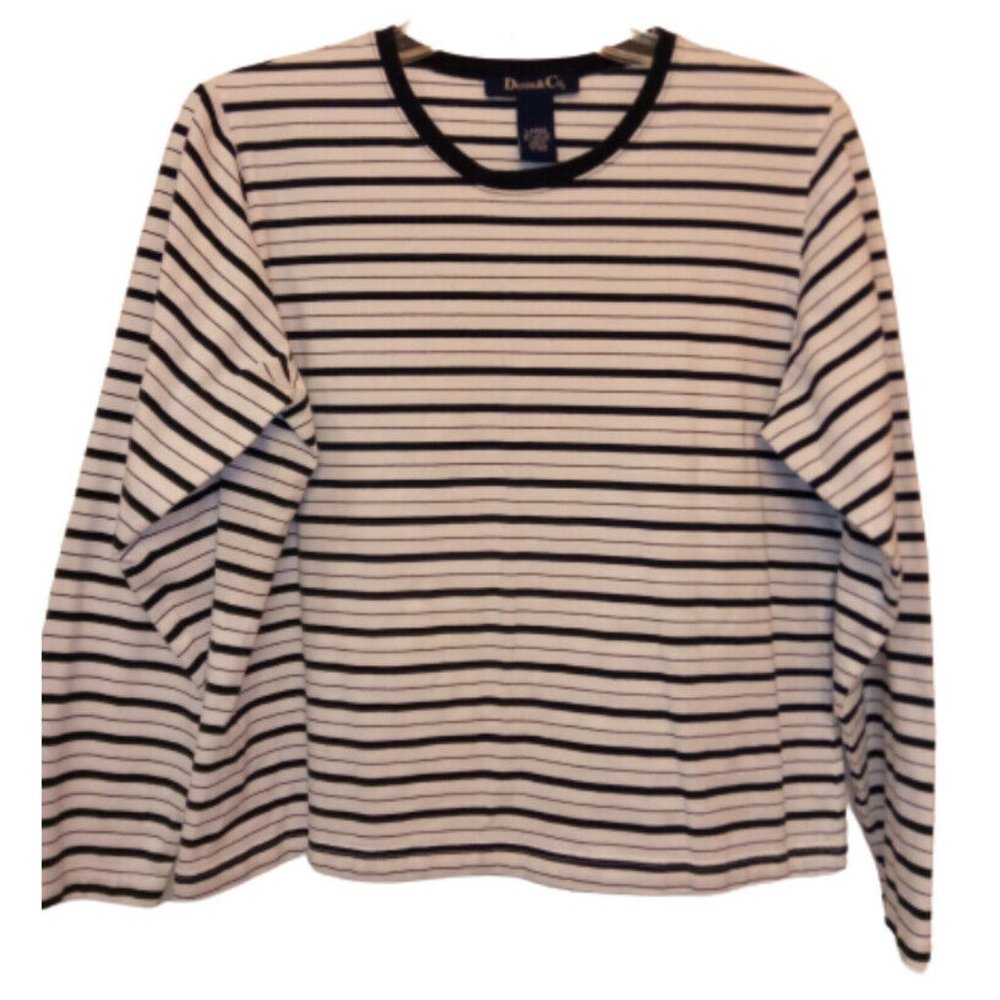 Women's Denim & Co. Large White Black Striped Long Sleeve Shirt Sweater Top